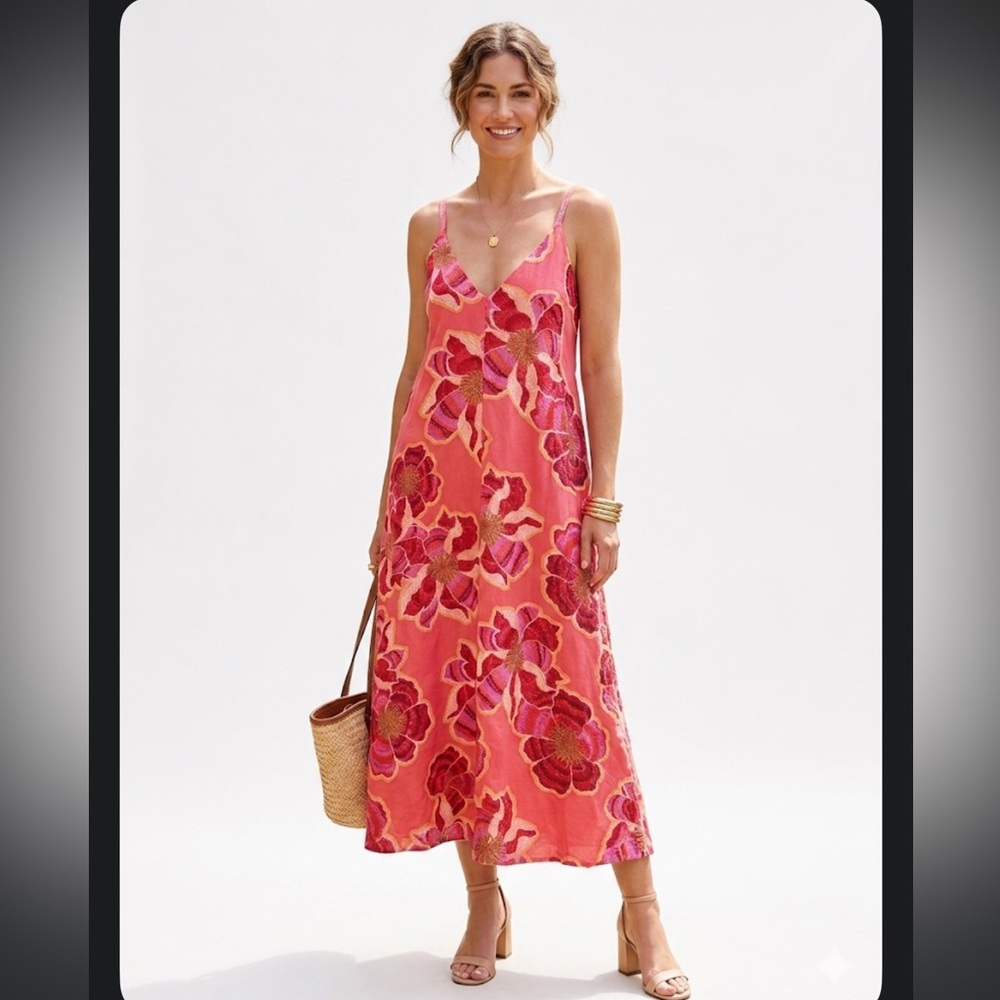 LOFT Coral Pink Floral Slip Dress with Red & Yellow Accents